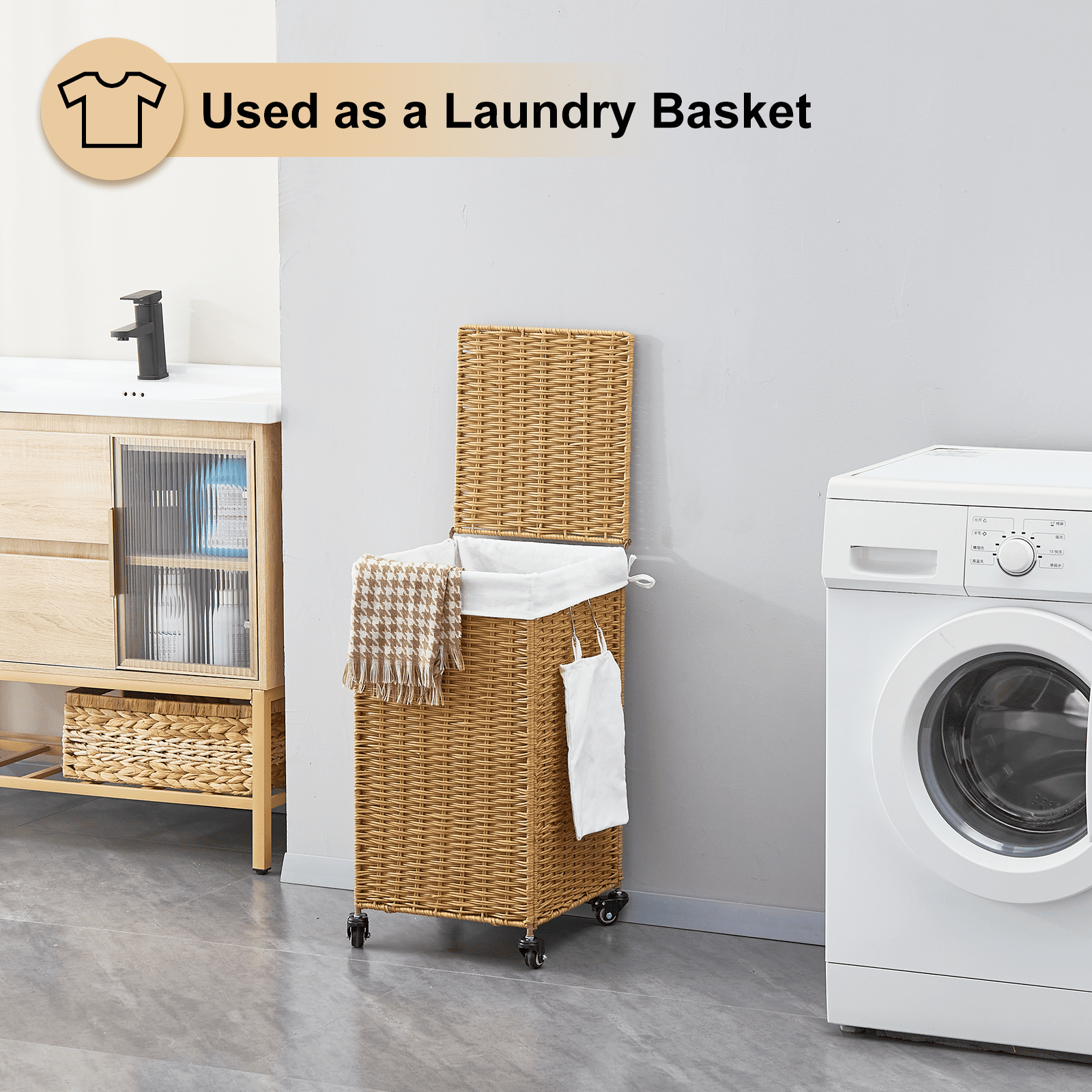 78L Laundry Hamper with Lid and Wheels, Woven Rattan Rolling Laundry Hamper