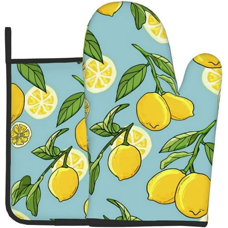 

Yellow Lemon Oven Mitts and Pot Holder Set Blue Resistant Hot Pad Non-Slip Baking Gloves Kitchen Mitts for Cooking Grilling Microwave