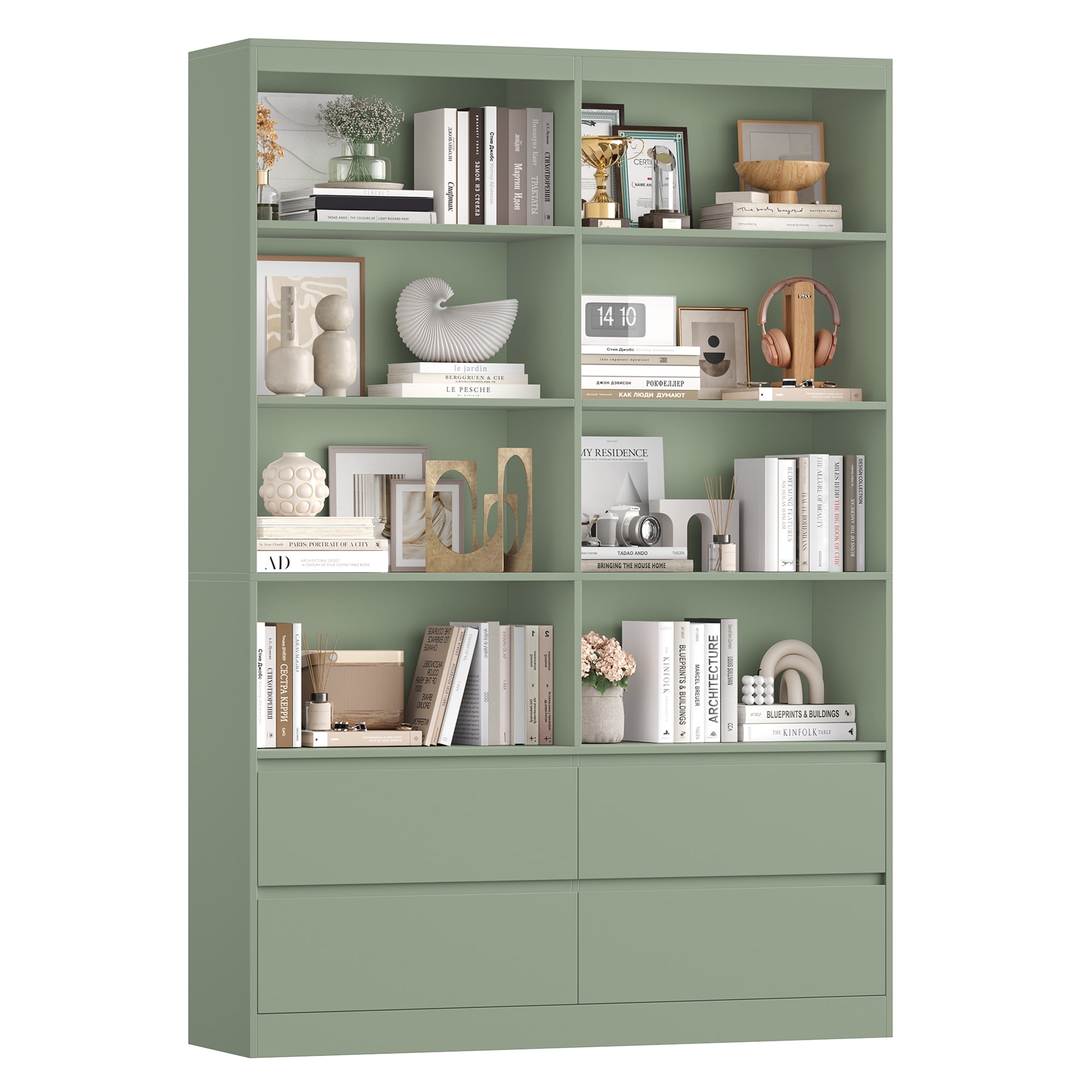 Homfa 71″ Tall Bookcase with 4 Drawers, 8 Cubes 6-Tier Double Row Bookshelf, Bookcase for Home Office Living Room, Green