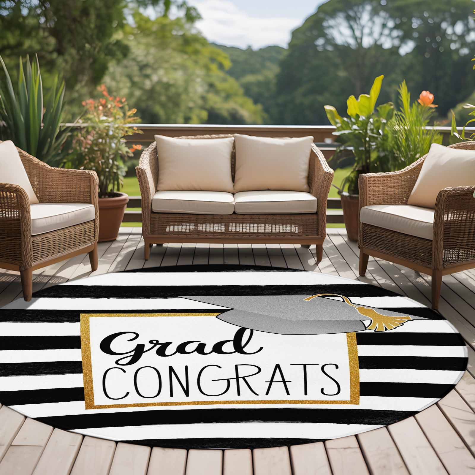 Graduation Top Hat Round Living Room Rugs 6 ft, White Black Striped Abstract Art Washable Area Rug with Non-Slip Sturdy Edge Binding Round Carpet for Kitchen Office Bedroom