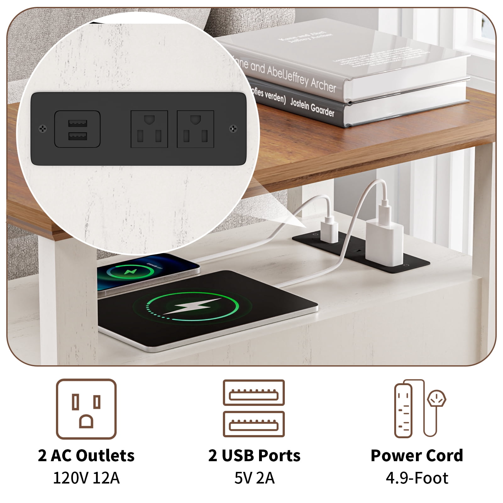 Hommpa 2 Drawers End Tables With Charging Station For Living Room, Farmhouse Narrow Sofa Side Table For Small Spaces, Nightstand Bedside Table with Storage For Bedroom, Rustic White