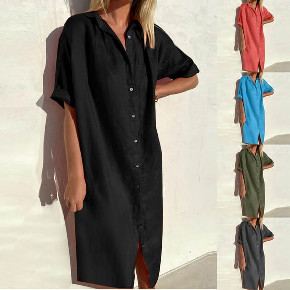 Jacenvly New Sundresses for Women 2024 Womens Spring and Summer Lapel Cotton Linen Button Dress Casual Pocket Short Sleeve Shirt Dress Lightweight Loose Casual Dresses for Women Green