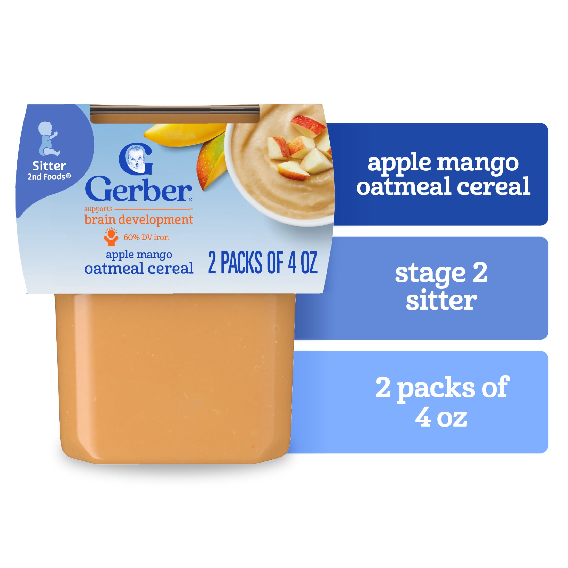 (4 pack) Gerber 2nd Foods Baby Food, Apple Mango with Rice Cereal, 4 oz Tubs (2 Pack)