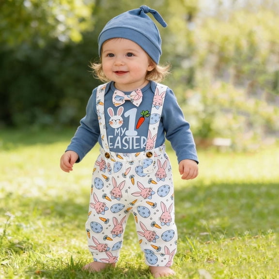 MAIHAN Easter Baby Boy Outfit My First Easter Baby Boy Outfit Gentleman Rabbit Romper Shirt Tops Bunny Overalls Pants Hat 3pcs Set(Blue,0_3 Months)