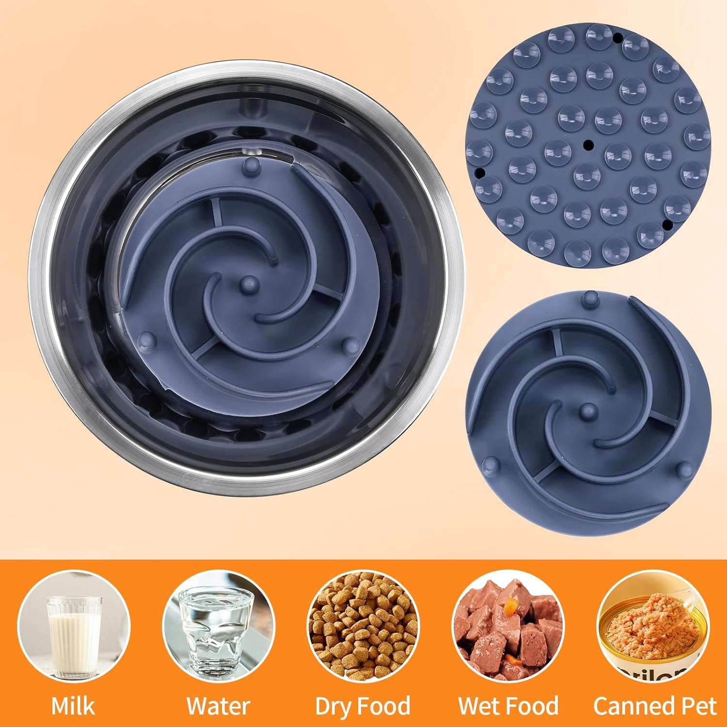 Slow Feeder Dog Bowls Insert,  Soft Silicone Slow Eating Feeder Insert with Suction Cups for Small, Medium and Large Dogs, Fit into Basic and Elevated Dog Bowls, Dark Blue Dark Blue,L