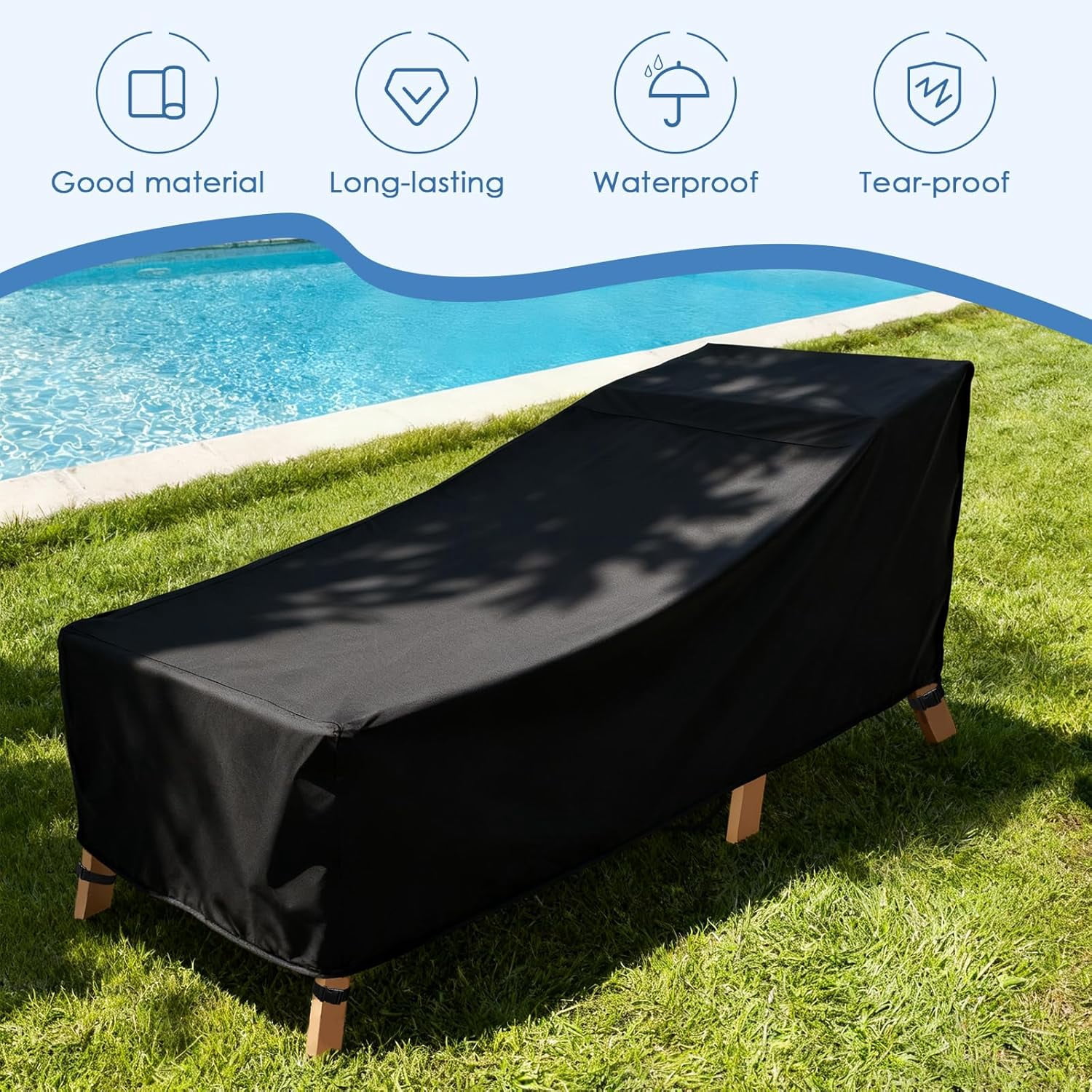 Outdoor Lounge Chair Cover, 420D Waterproof Lounge Chair Covers with Straps, Heavy Duty Patio Furniture Covers for Pool Lounge Chair Lawn Bench Furniture, Fits up to 81L x 29W x 31H inch, 1 Pack
