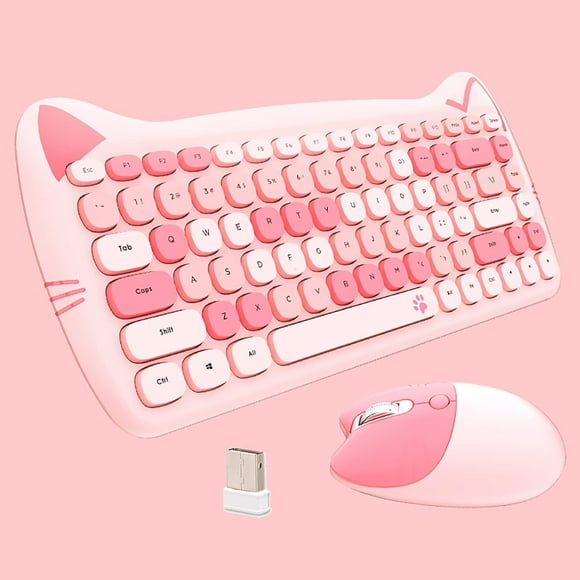 ERDS-Cute Cat Keyboard and Mouse Combo Wireless, Kawaii Keyboard and Mouse for Girls and Kids, Soundless Colorful Keys, Compatible with Notebook, PC (Pink-84Keys)