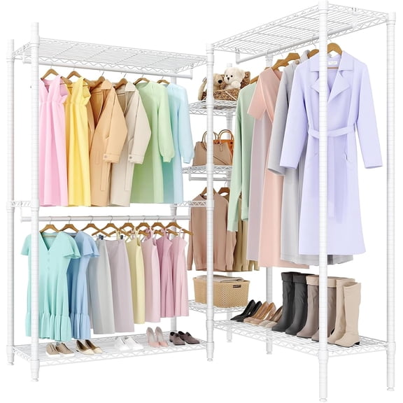 Sturdy Freestanding Clothes Rack,7 Shelves & 4 Hanging Rods Garment Rack with Adjustable Portable Closet Organizer, L-Shaped Clothes Storage System for Bedroom,White,3 Combinations