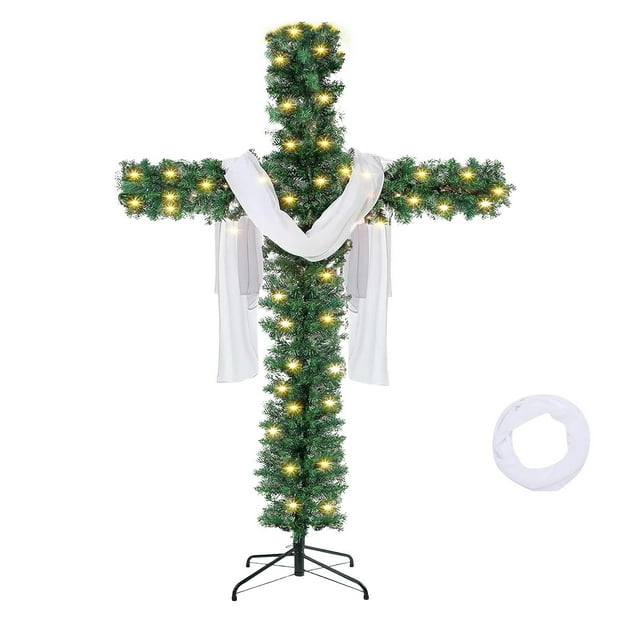 A Cross-shaped Christmas Tree With Lights, Pre-lit, Elongated, Pencil-shaped Artificial Tree, Complete With A Scarf And Christ Crown, Suitable For