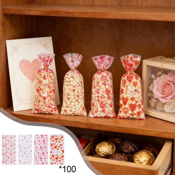 MTBLYS Candy Gift Bags Plastic Party Favor Pouches 100-Piece Red 4.92X10.63 In Bulk Tassel Ties Birthday Wedding Party Decoration
