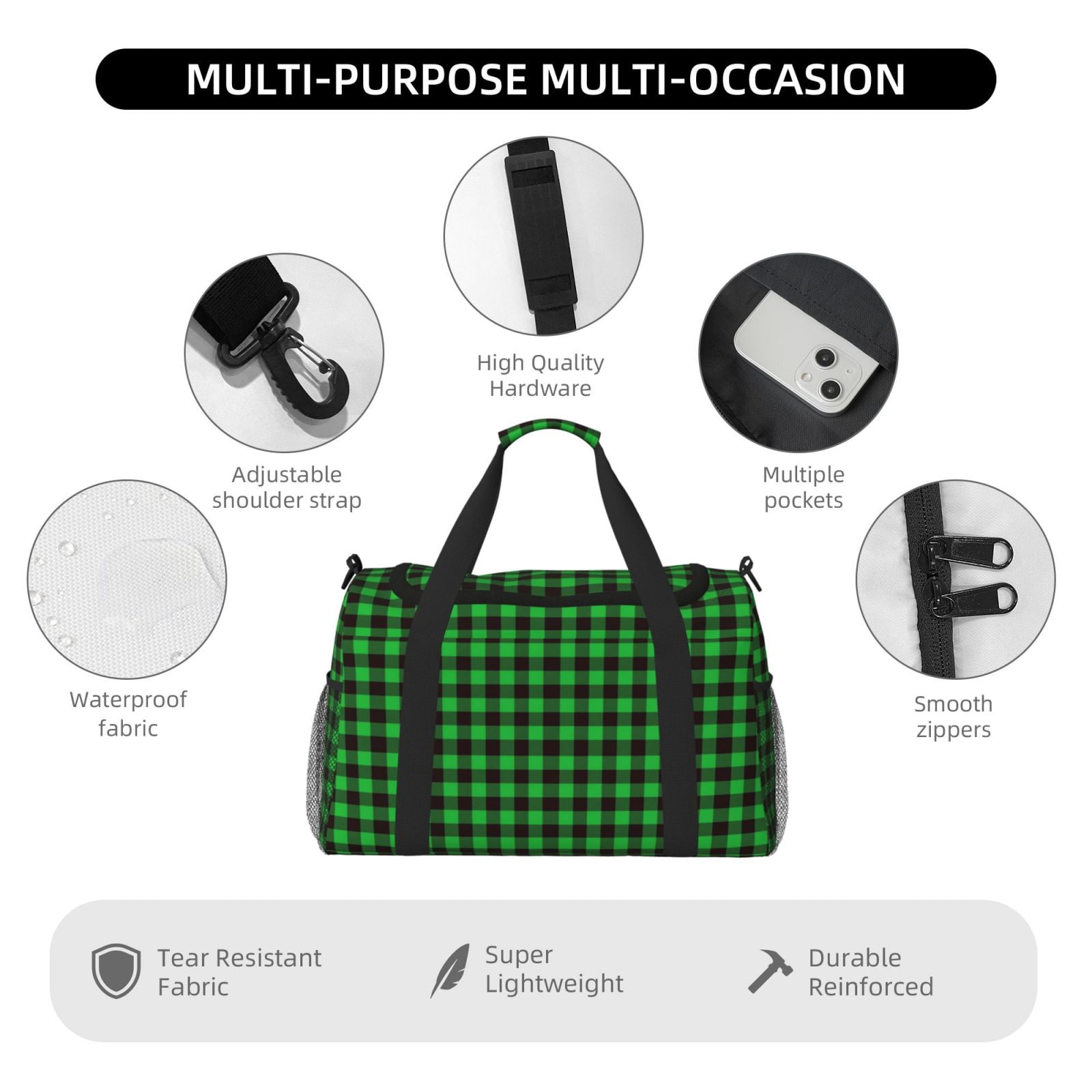 Fuzoiu Buffalo Plaid Green Black Print Travel Duffle Bag,Carry On Tote Bags,Duffel Bag,Sport Gym Bag, Hospital Bag for Labor and Delivery, Overnight Bag,Luggage Bag