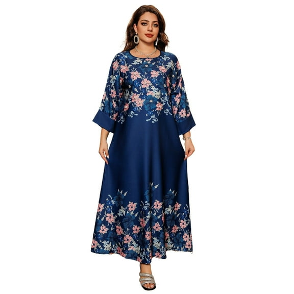 ZPAQI Middle Eastern Robe Dress Flower Print Middle East Dress Women Islamic Robe