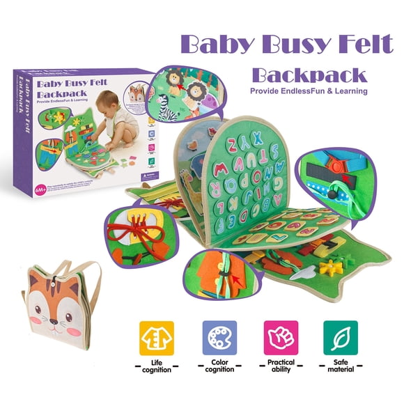 Baby Busy Felt Backpack – 6M+ Toddler Travel Quiet Book, Soft Montessori Busy Board, Educational Sensory Toy with Color & Cognition Activities, Portable Car Airplane Activity Bag for Boys & Girls
