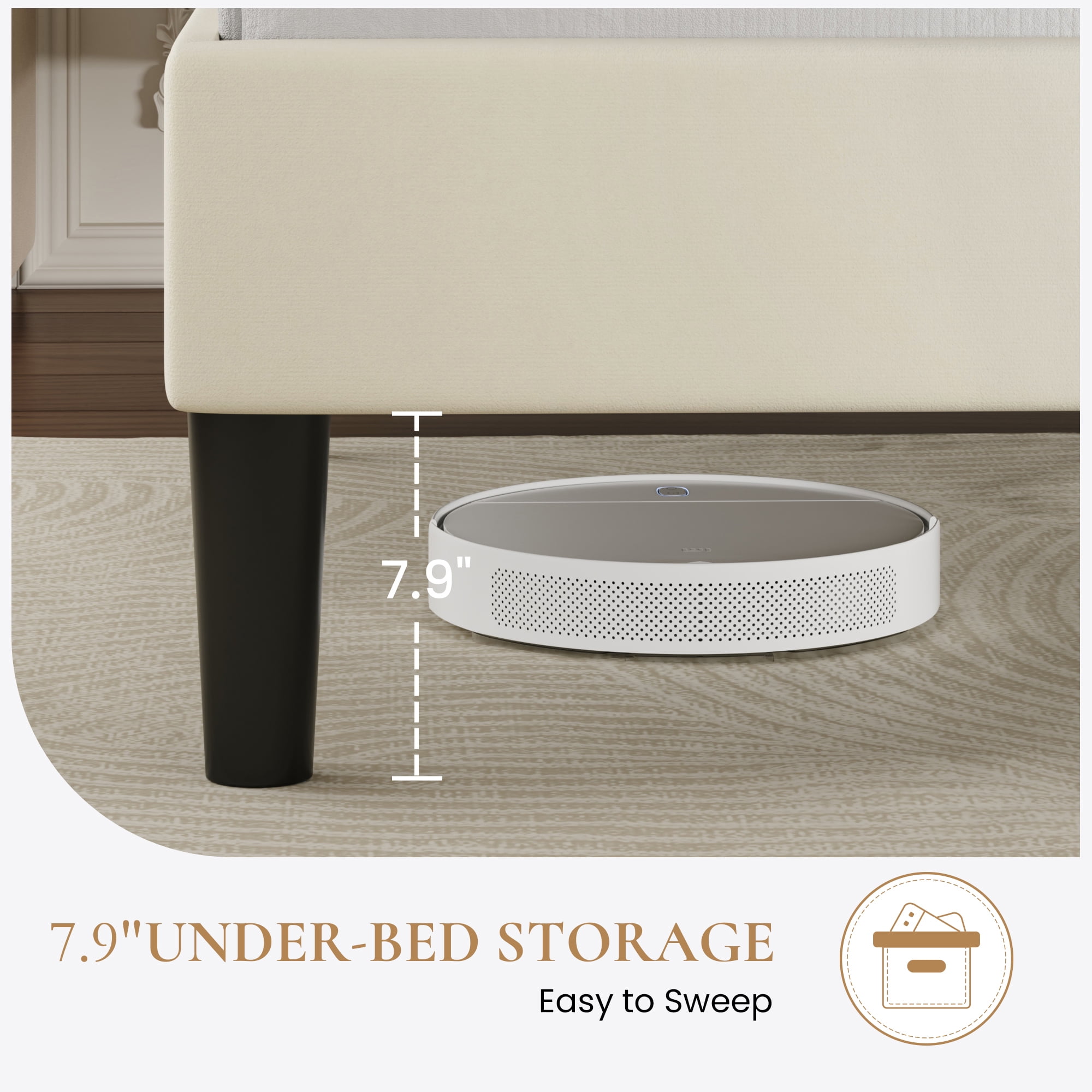 Sha Cerlin King Size Platform Bed Frame with Velvet Adjustable Headboard, No Box Spring Needed, Cream White