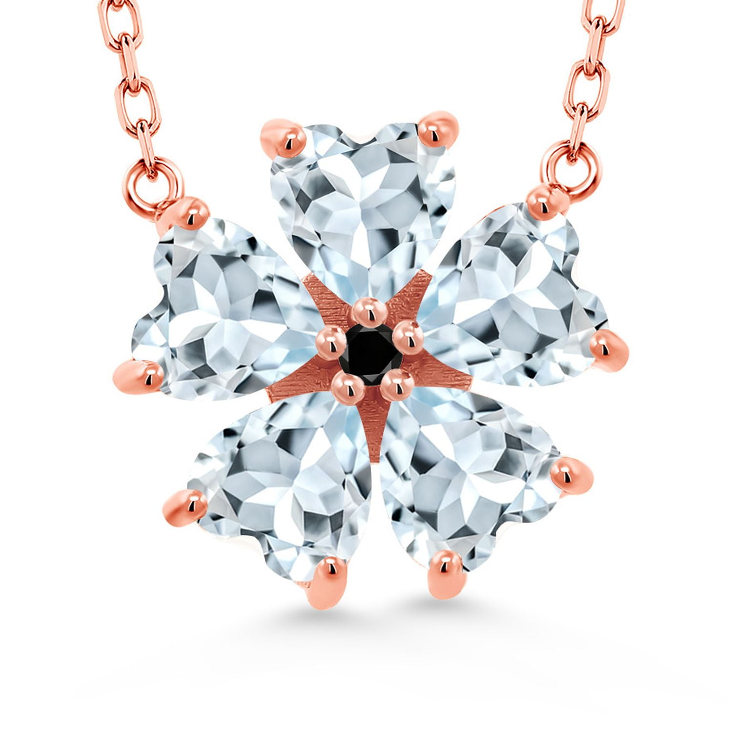Gem Stone King 18K Rose Gold Plated Silver Sky Blue Aquamarine and Black Diamond Pendant Necklace for Women (3.68 Cttw, Heart Shape 6MM, with 18 inch Chain)