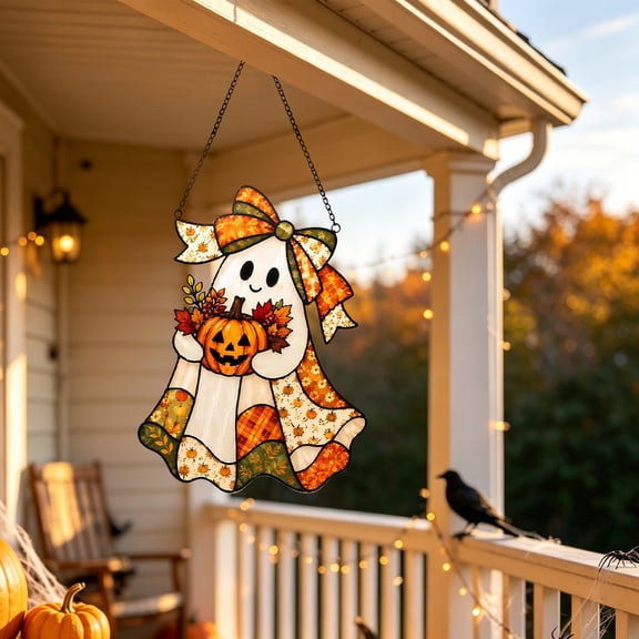 Darzheoy Halloween Ghost Pumpkin Ornament, Acrylic Hanging Decoration, Fall-Style Spooky Accent, Halloween Decorations Indoor for Window Door Home
