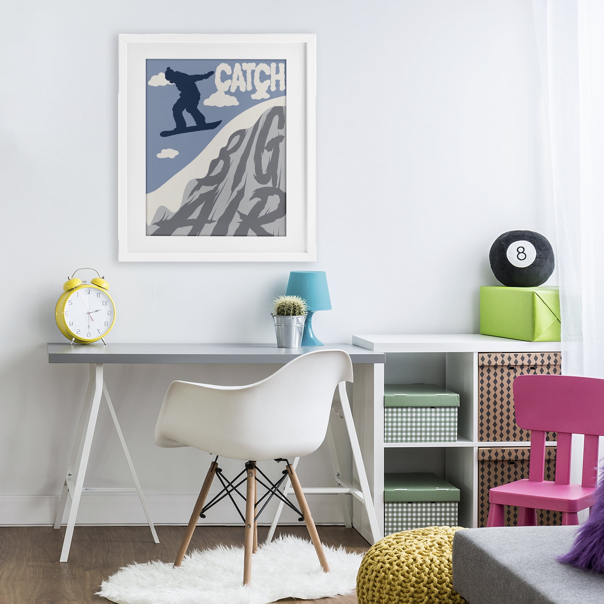Catch Big Air Snowboard White Framed Print Under Glass, design by Marcus Prime