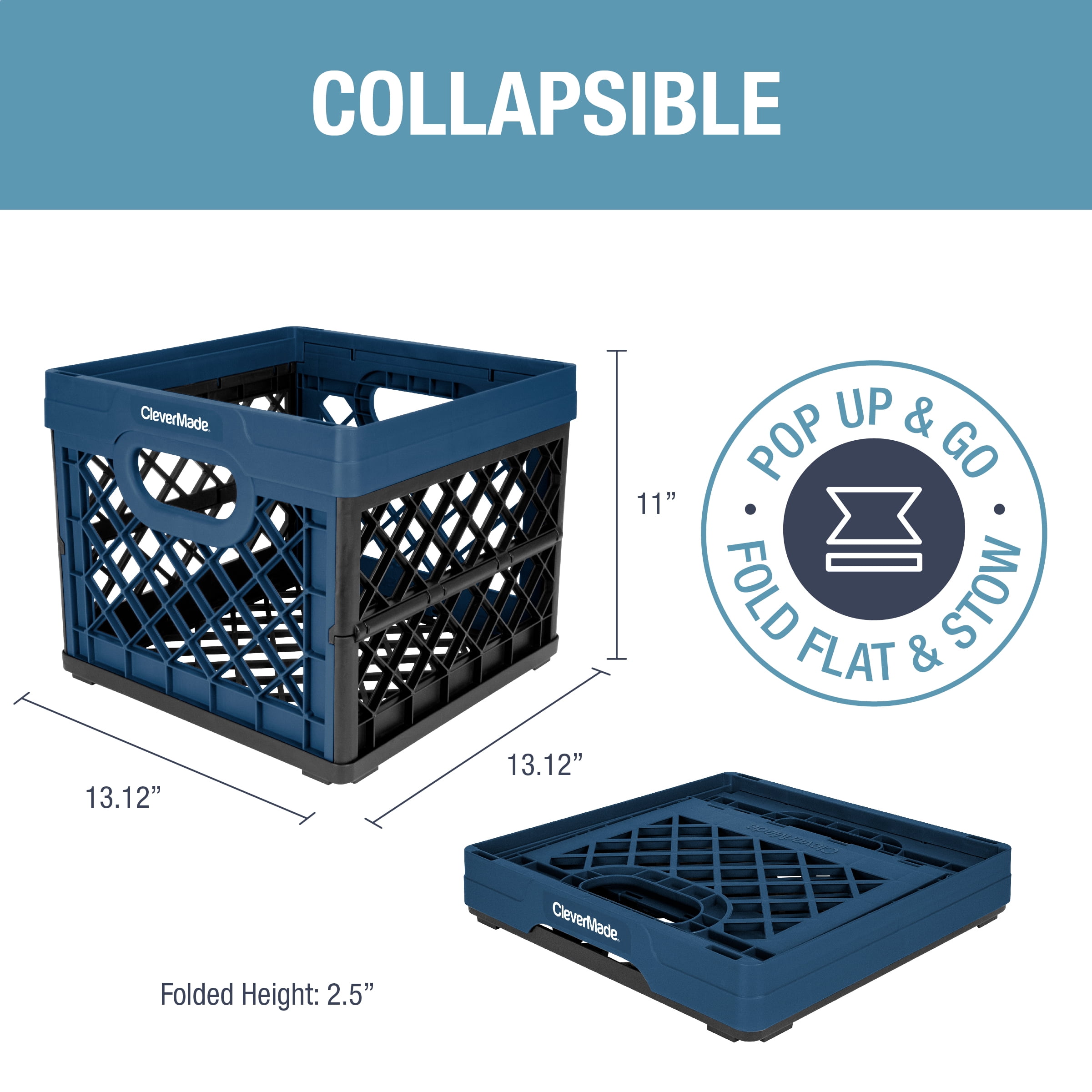CleverMade Collapsible Eco Plastic Milk Crate, Folding Storage Bin, 6.6 gal, Ocean Navy