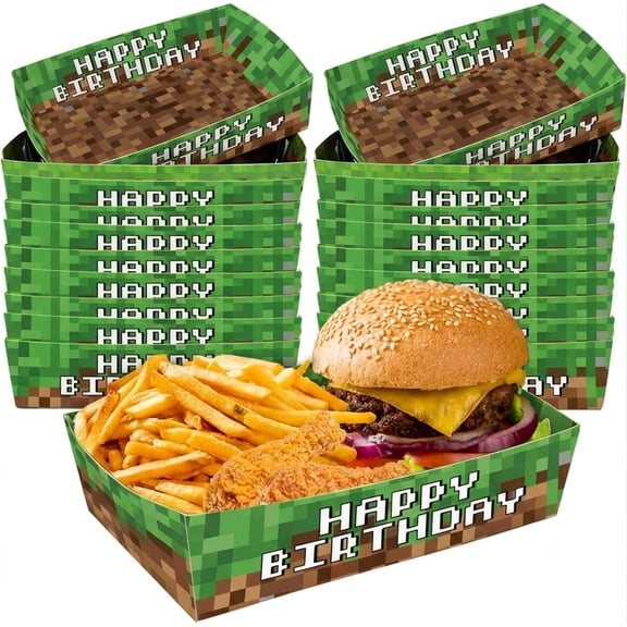 JESTAR 48 Pcs Mining Craft Theme Paper Food Trays, Disposable Block Style Snack Boats for Pixel Video Game Birthday Party Decorations, Fries Nacho Hot Dog Holders Supplies