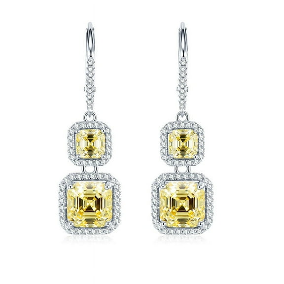 925 Sterling Silver Asscher Cut Citrine High Carbon Diamond Gemstone Party Drop Dangle Earrings Fine Jewelry