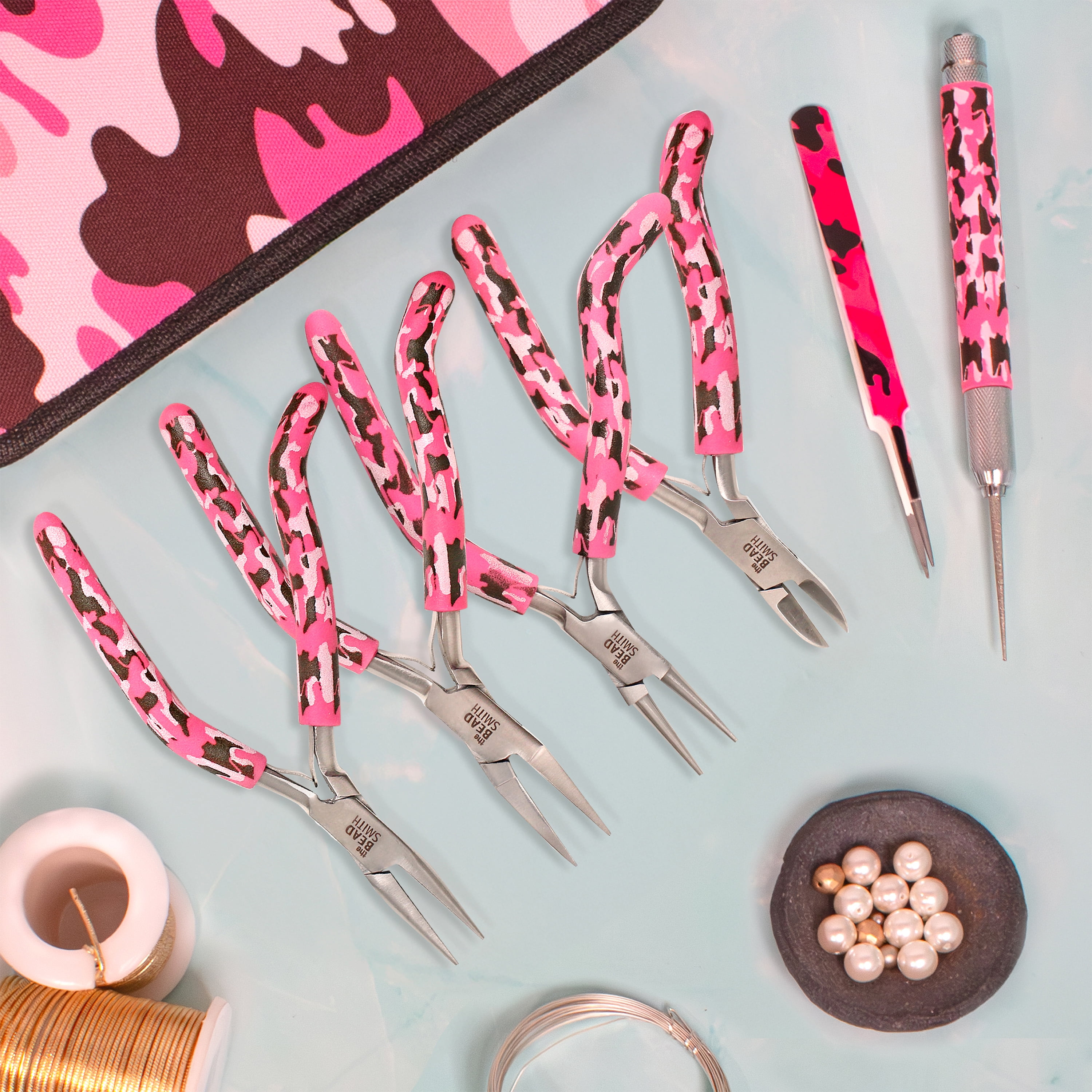 The Beadsmith Pink Camouflage Set - 6 Piece Kit: Pistol Grip Chain Nose, Round Nose, Flat Nose, Side Cutter Pliers w/ Tweezers, Reamer and Zippered Pouch – 6 Inch Jewelry Making Tools