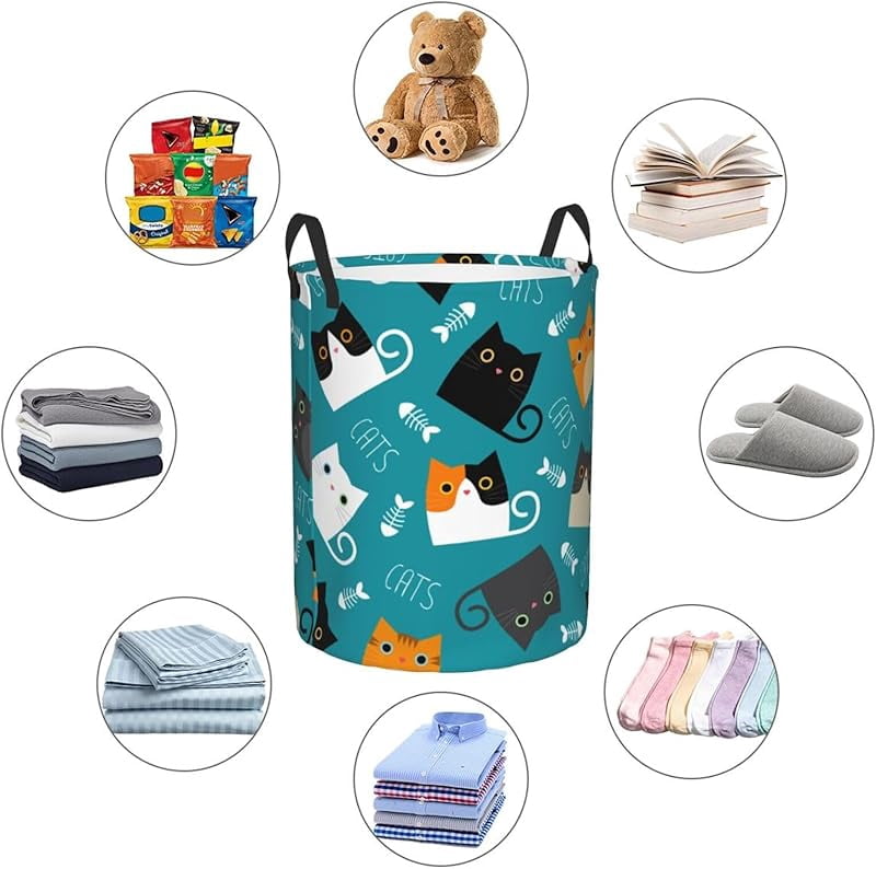 Cute Funny Cats Round Laundry Hamper Storage Basket Toys Clothes Organizer Bin For Home Bathroom Bedroom Dorm Nursery