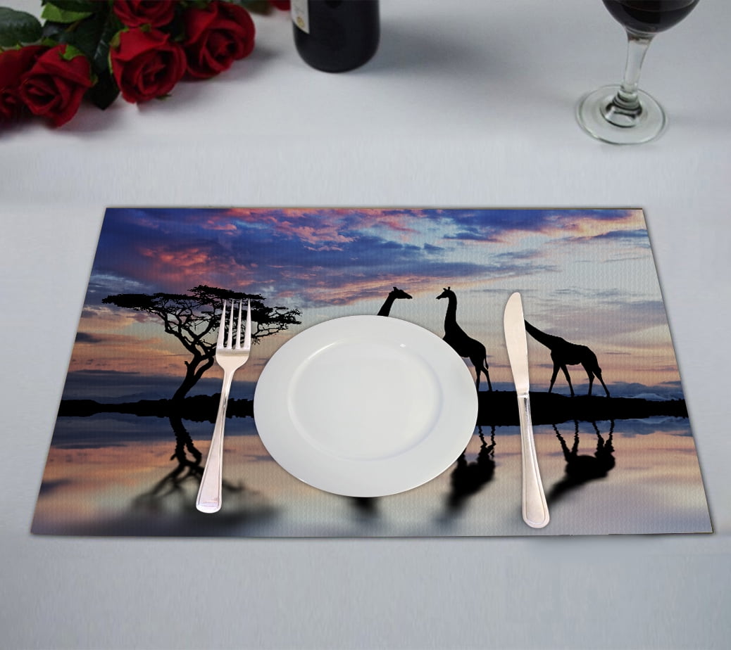 Placemat 4 Pieces African Animal Giraffe Sunset Washable Table Place Mats 12x18 inch Polyester Heat Resistant