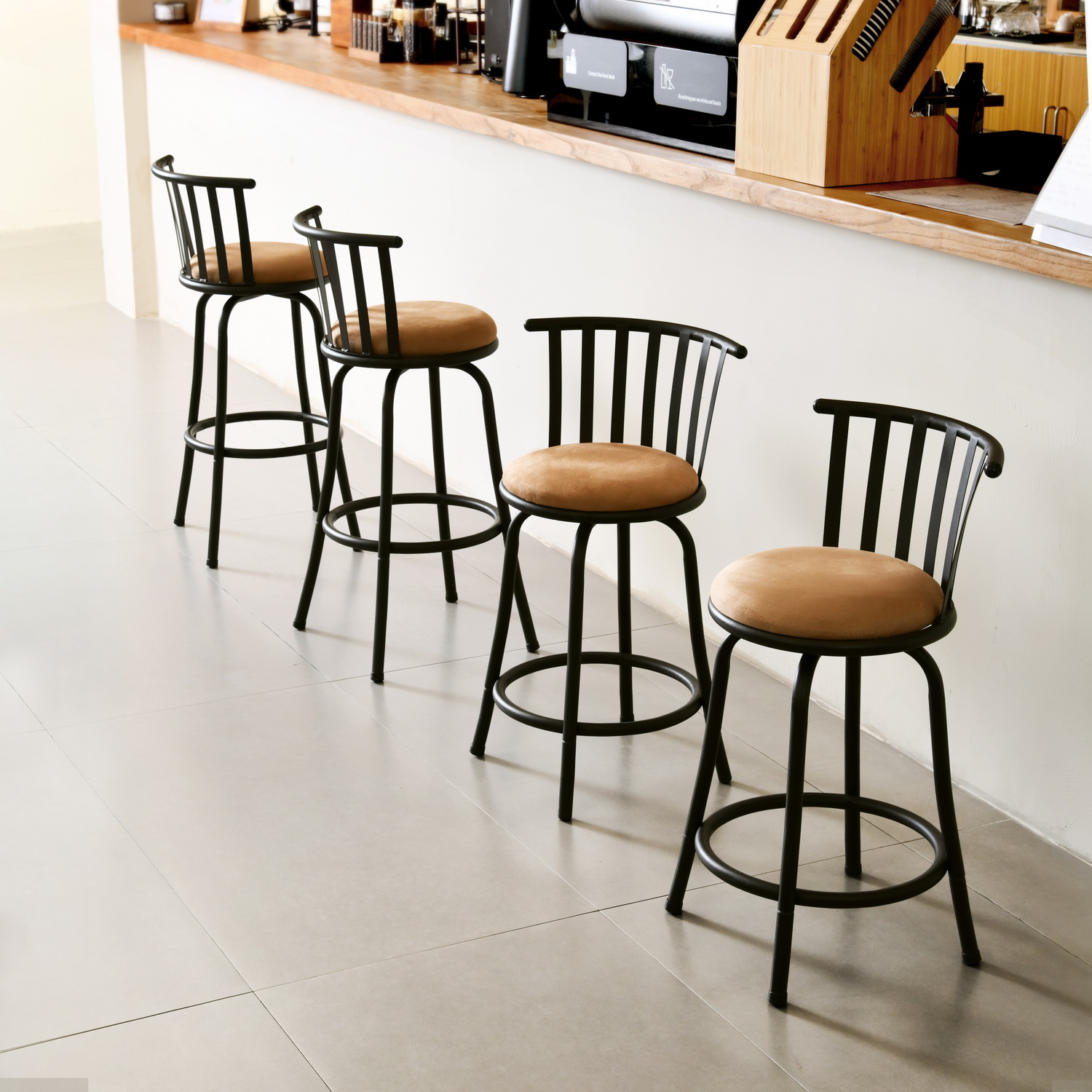 Homy Casa Swivel Counter Height Bar Stools Set of 2 with Back, Adjustable 24 or 29 Inch Upholstered Counter Stools for Kitchen Island, Brown