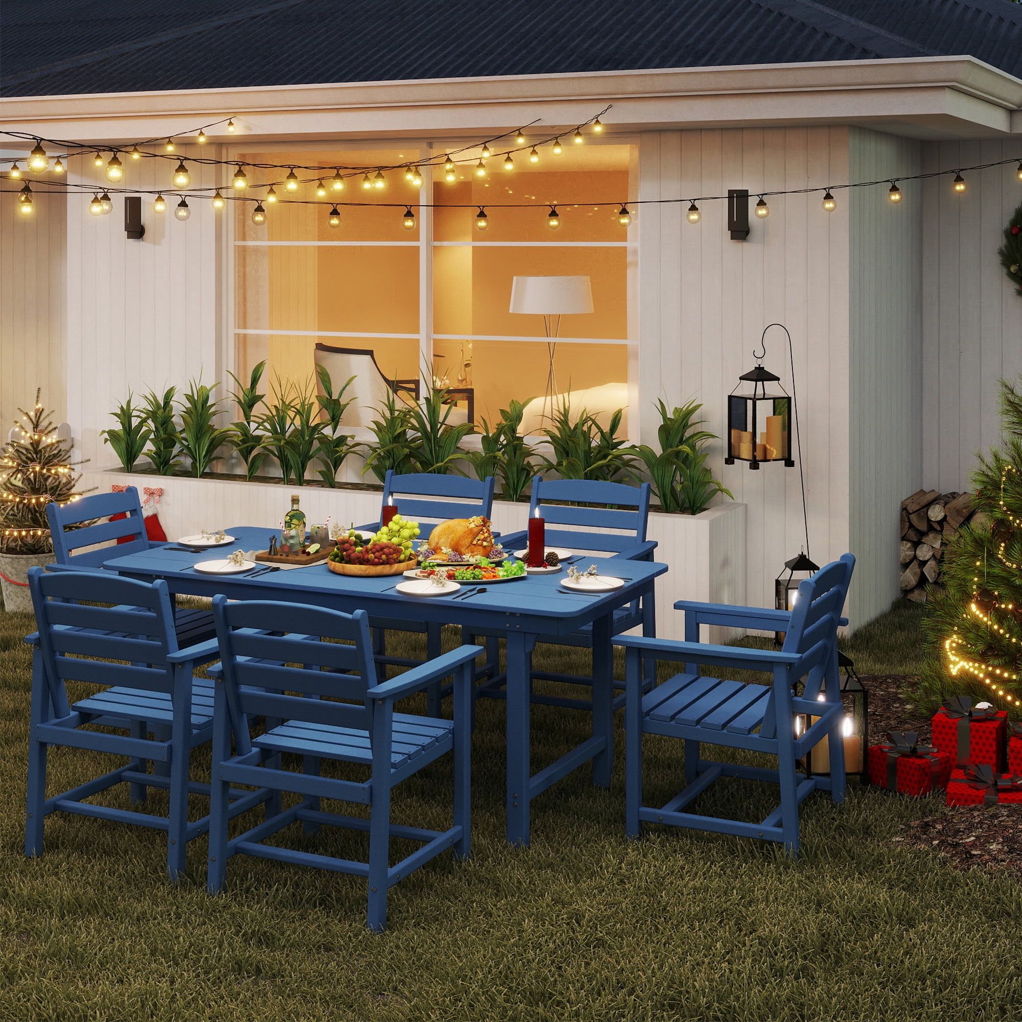FOOWIN 7-Piece Patio Dining Set, HDPE All-Weather Outdoor Furniture with 6 Chairs and 1 Table, Blue