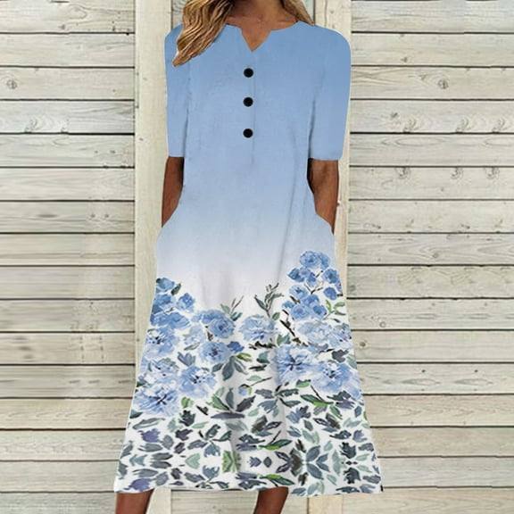 Edvintorg Dresses for Women 2025 Fashion Summer Casual Short Sleeve V-Neck Printing Loose Beach Dress with Pockets