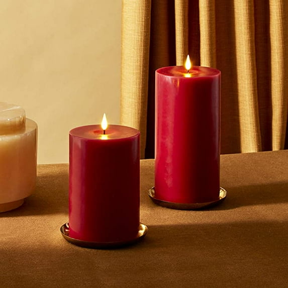 LampLust Dark Red Flameless Candles, Set of 2 - 4 inch Diameter Pillars with Batteries, Remote, and Timer Included