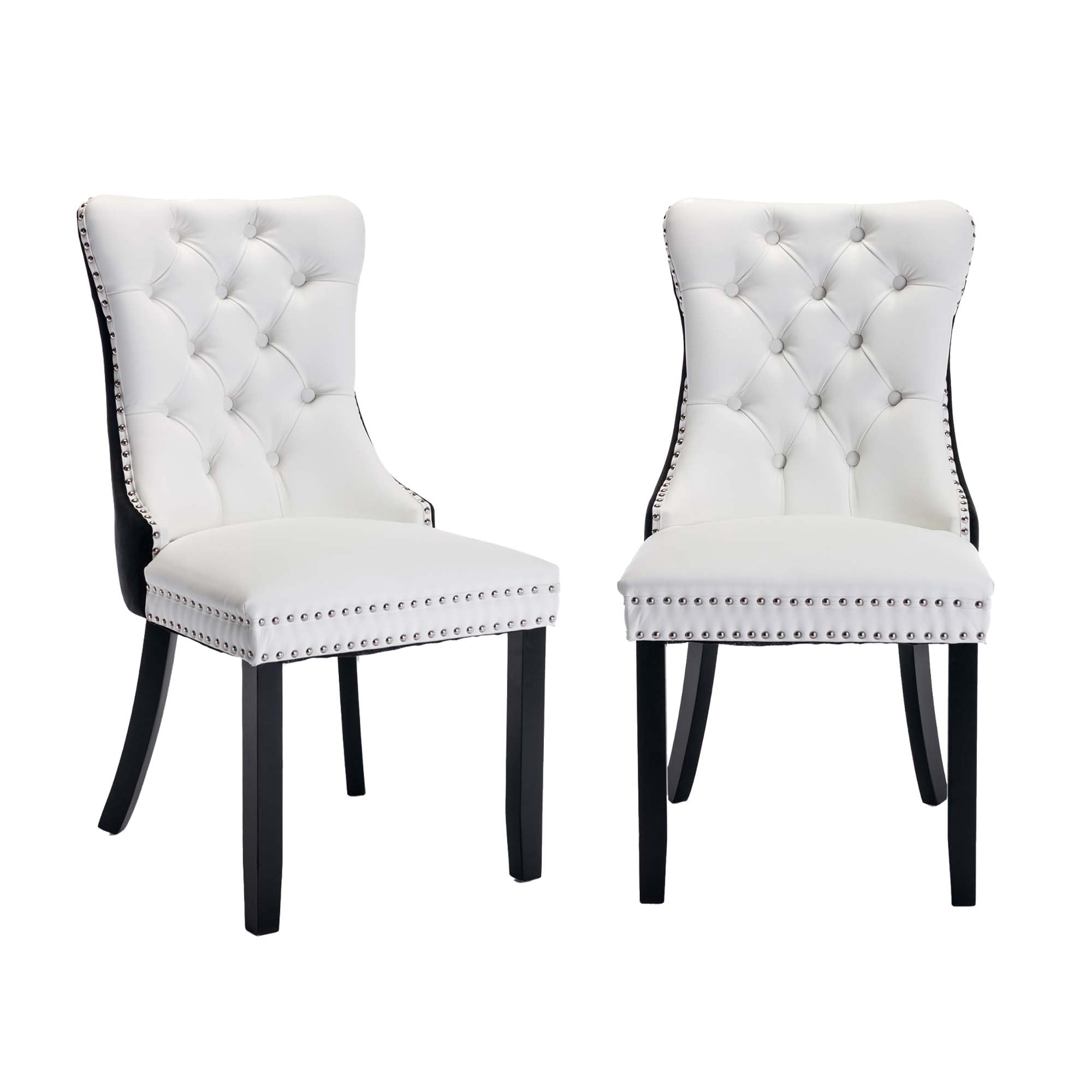 Aukfa High-End Upholstered Dining Chairs Set of 2, Modern Tufted Solid Wood Side Chair with Nailhead Trim - White/Black