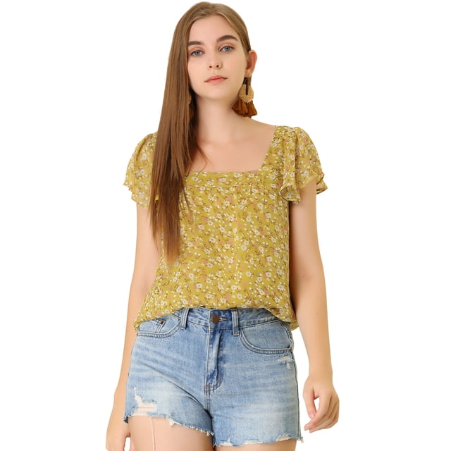 INSPIRE CHIC Women's Chiffon Square Neckline Ruffle Sleeve Floral Top