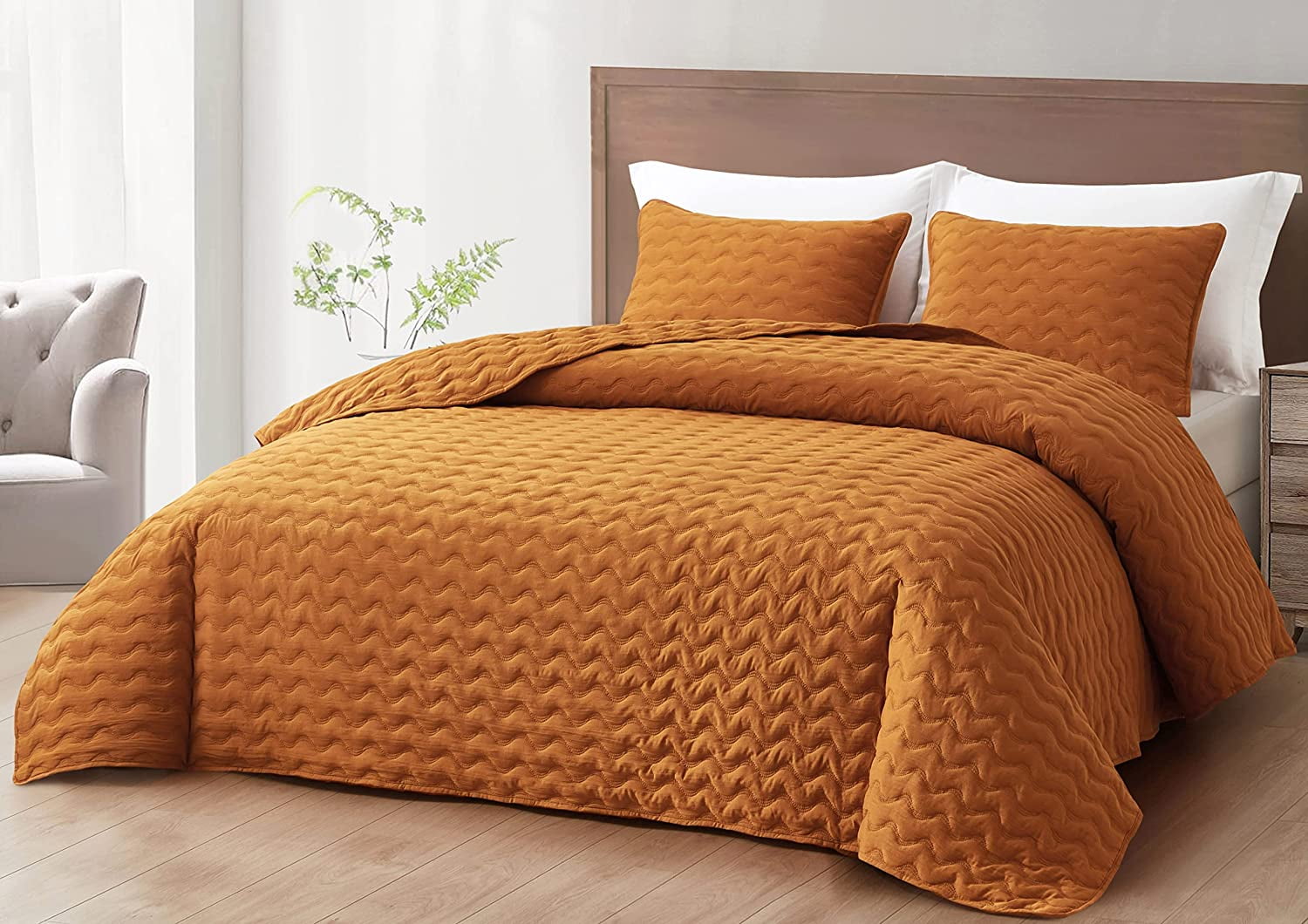Chezmoi Collection Destiny 3-Piece Spice King Size Quilt Set - Stone-Washed Soft Microfiber Lightweight Quilted Bedspread Coverlet Set for All Seasons Wavy Line Stitching