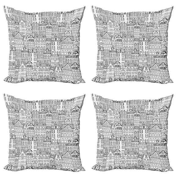 Ambesonne Amsterdam Throw Pillow Cover 4 Pack, Monochrome Hand Drawn, 24", Charcoal Grey White