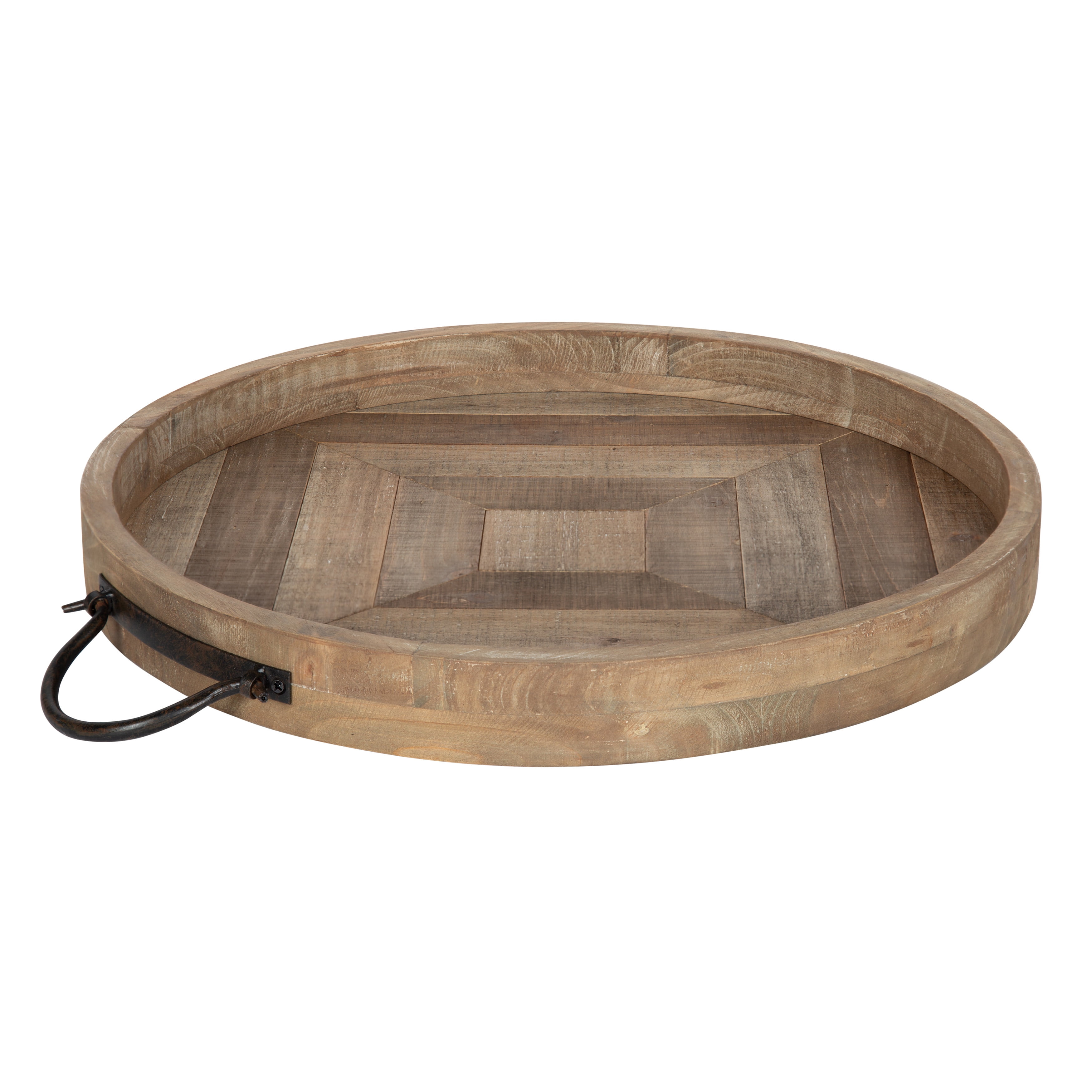 Rustic Round Metal Tray with Wood Handle