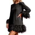thumbnail image 6 of QHFBli Feather Trim Long Sleeve Dressse for Women Loose Crewneck Zipper Back Birthday Party Tunic Mini Dresses, 6 of 6