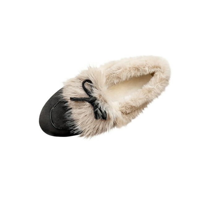 Chaussures Plates pour Femmes, Mode Décontractée d'Hiver, Confort, Polaire Chaude, Couleur Unie, Nœud, Bout Rond, Bord Brut