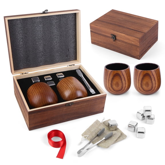 Wooden Whiskey Glasses Set Gift for Men, 11oz Charred Wood Whiskey Glasses, Ideal Gift for Him,Dad,Husband,with Wooden Box,Chilling Stones,Stones Bag