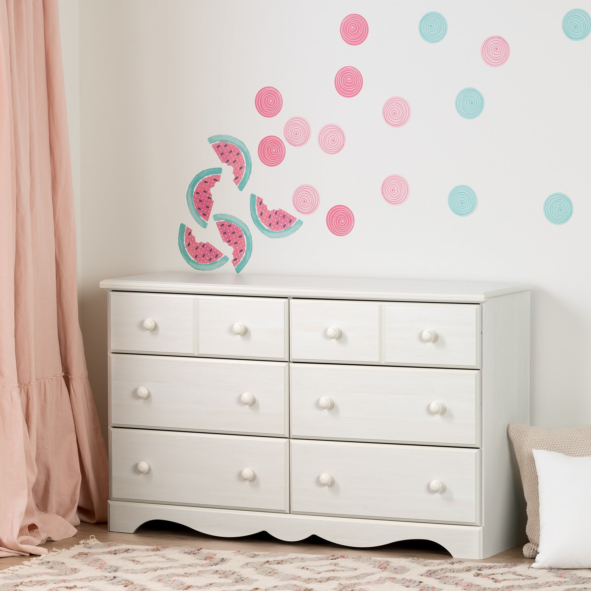 South S Summer Breeze Pure White And Pink 6 Drawer Double South S Summer Breeze Pure White And Pink 6 Drawer Double Dresser With Watermelons Dots Wall Decals