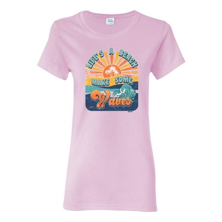 Wild Bobby Vintage Life s A Beach Make Some Waves Distress Retro Humor Women Graphic Tee  Light Pink  XX-Large