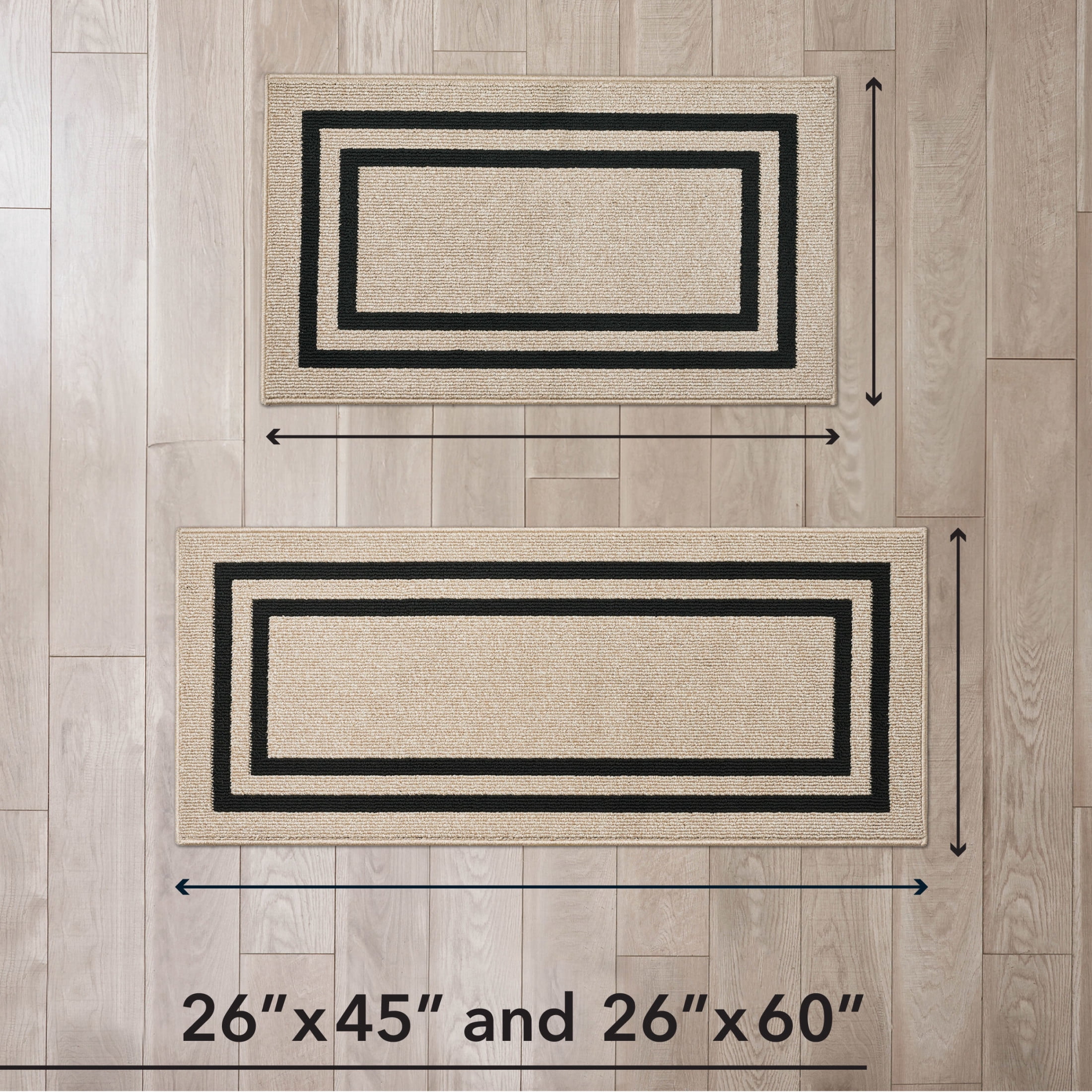 Washable Skid-Resistant Runner Rug, Border, Natural Twist and Black, 26" x 45" and 26" x 60" 2-Piece Set