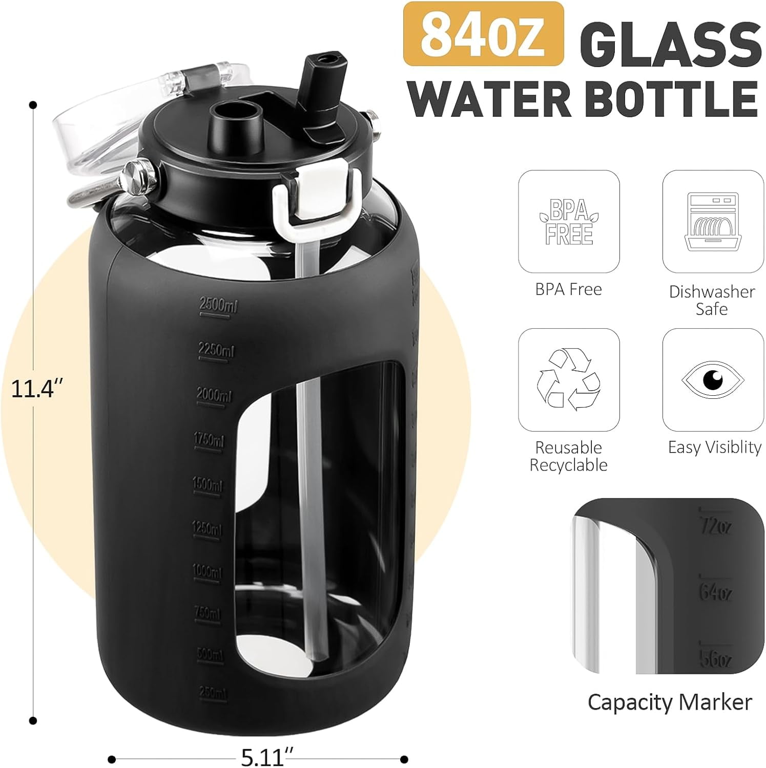 MUKOKO 84oz Glass Water Bottle, 2.5L Gallon Water Jug with Straw Lid and Stainless Steel Handle, Motivational Capacity Marker, Black