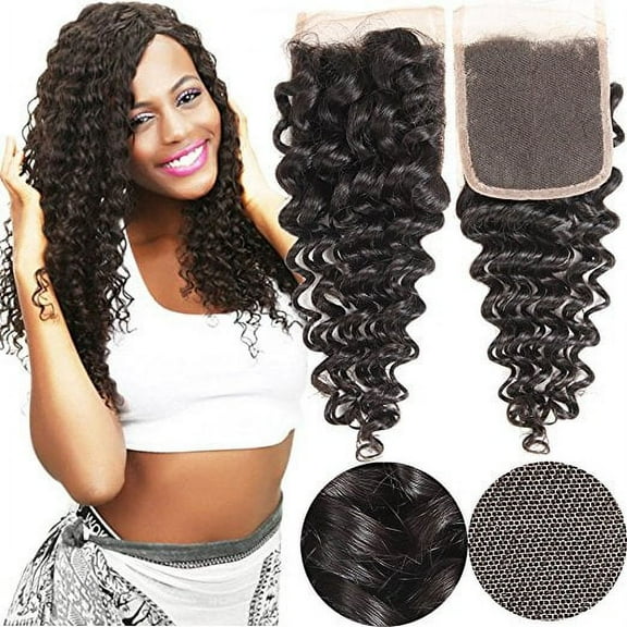 Brazilian Deep Wave Closure Unprocessed Human Hair Lace Closure (4X4) Natural Black Color 10Inch