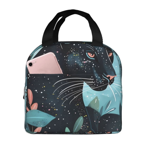 Balery Black Panther Floral Illustration Bolsa de Almuerzo Aislada – Caja de Almuerzo con Papel de Aluminio Grueso, Mantiene la Comida Fresca por 4 Horas
