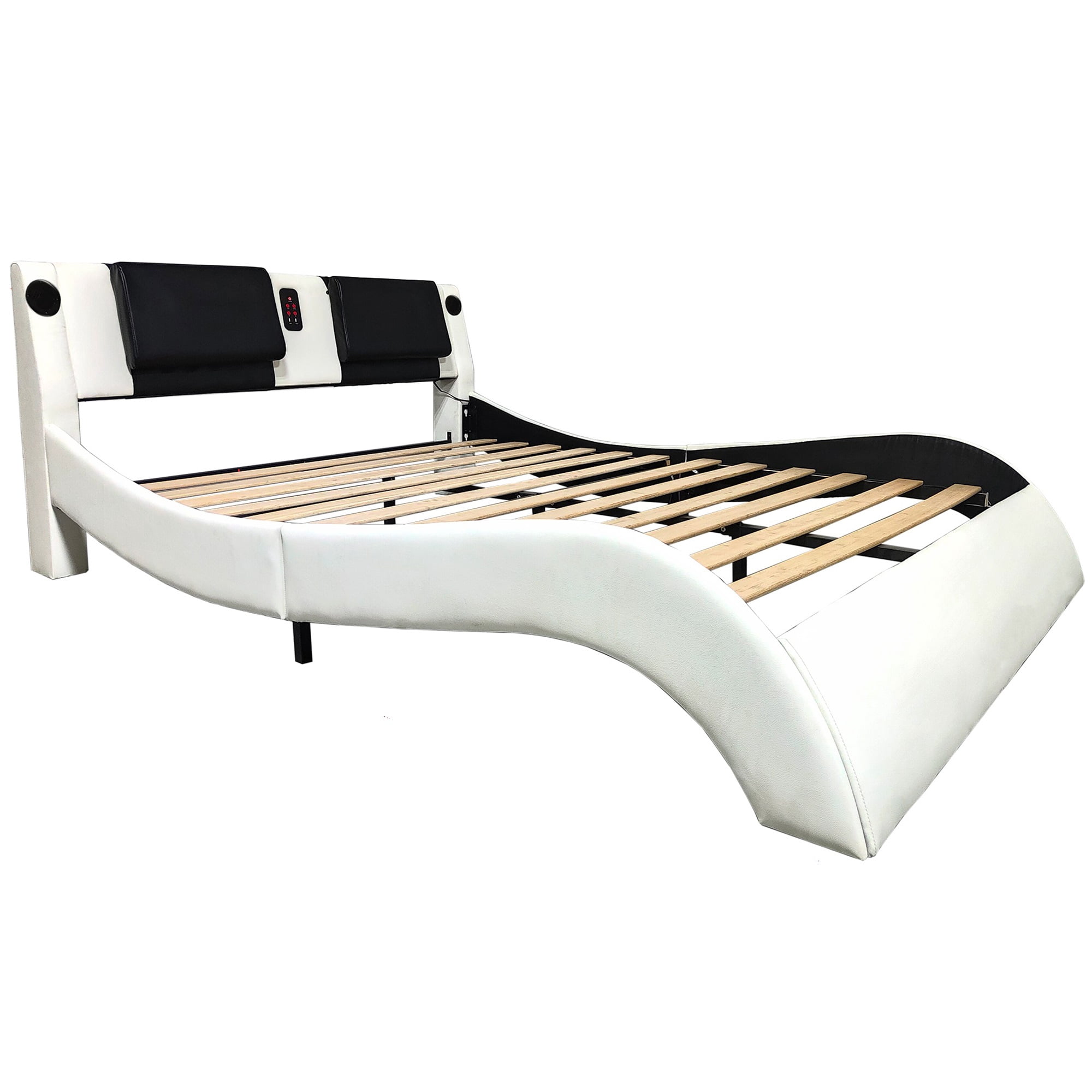 Mintazer King Faux Leather Platform Bed Frame with Massage Headboard & Bluetooth Speakers, Upholstered Platform Bed with USB Charging Ports & RGB LED Under Bed Lights for Bedroom, White