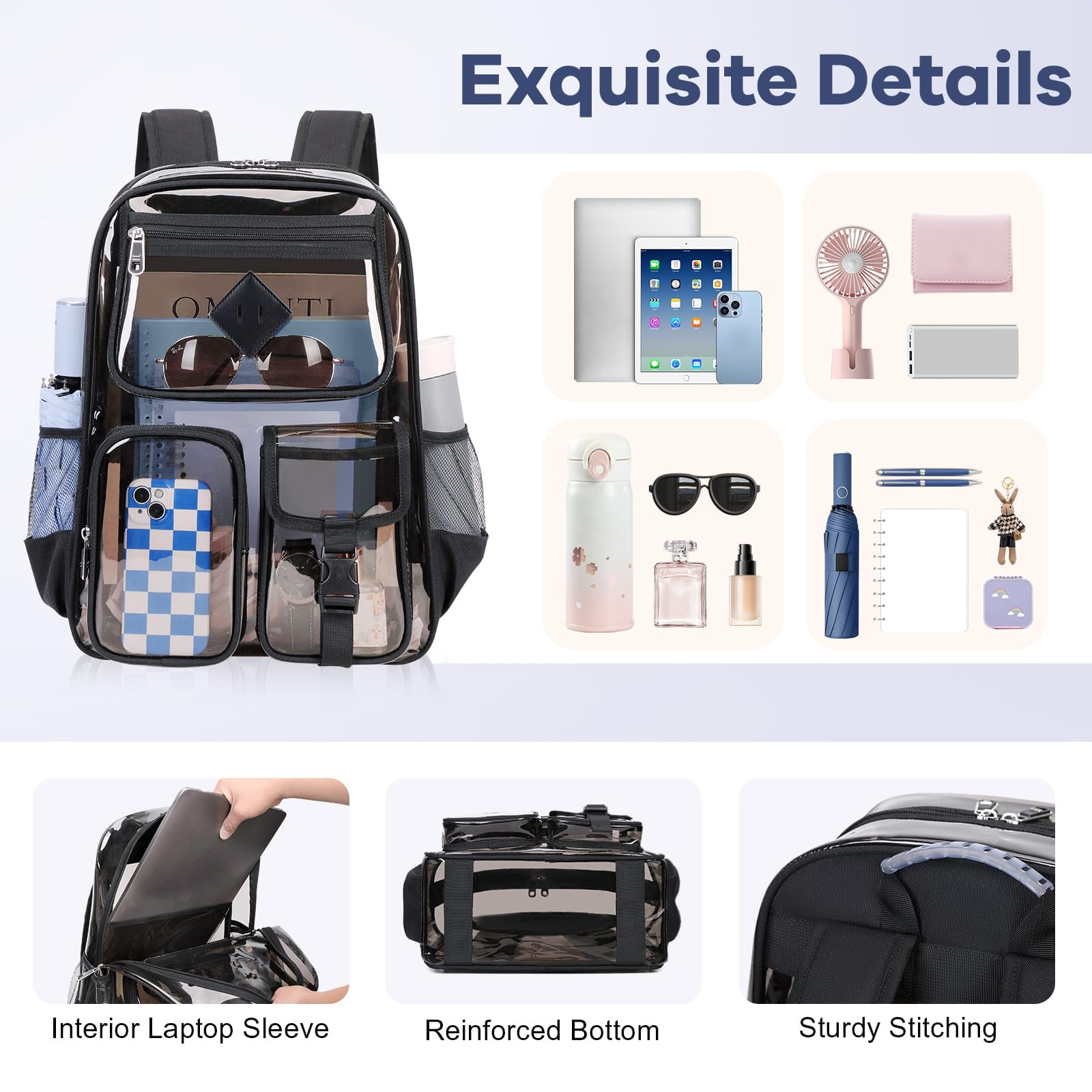 Sanmadrola Large Clear Backpack Heavy Duty Stadium Approved See Through Backpack Waterproof PVC Transparent Backpacks Clear Book Bag with Reinforced Strap for School Work Travel, Black PVC