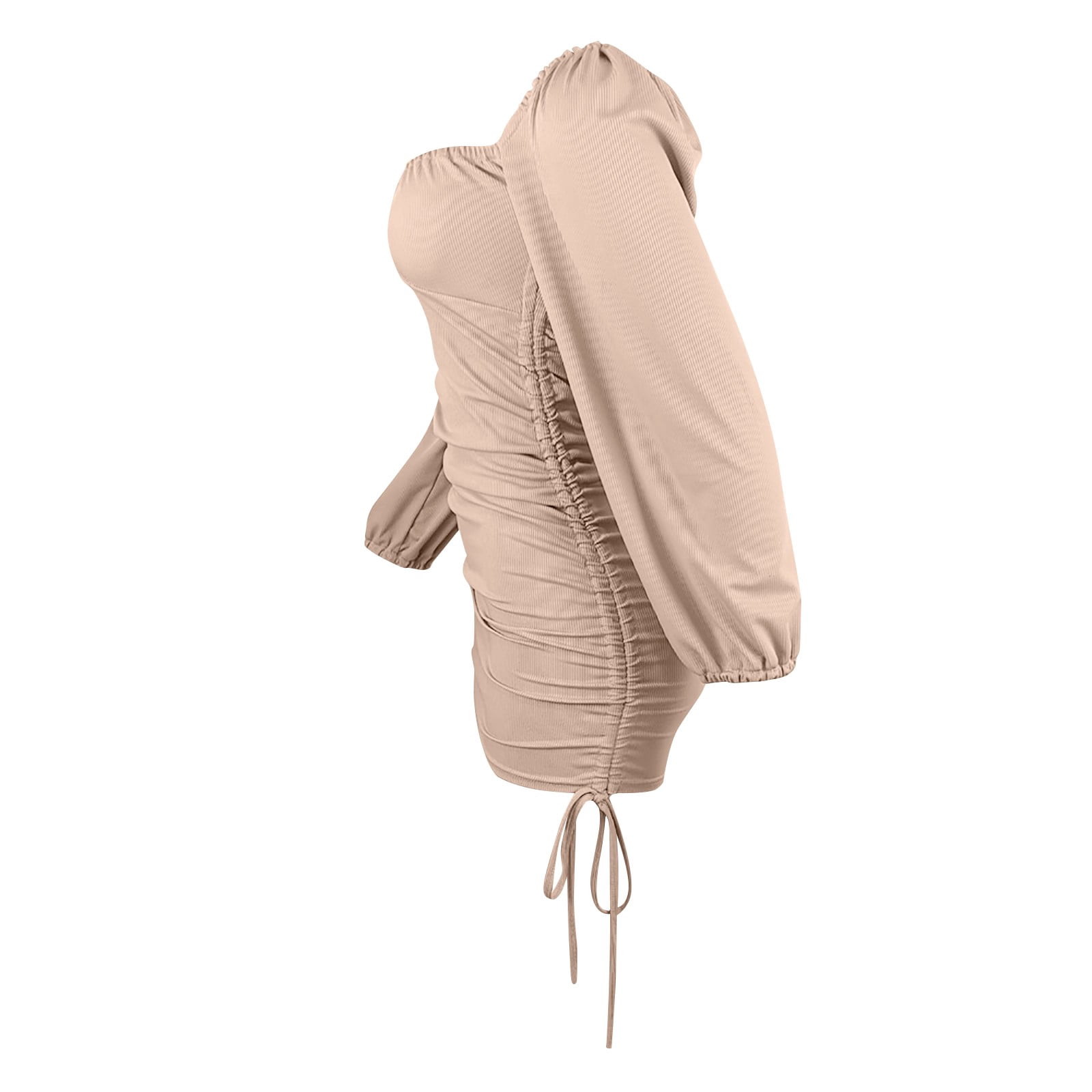 Pxiakgy summer dresses for women Women's Dresses Long Sleeve Drawstring Ruched Ribbed Solid Color Dress Tight Casual Dress womens dresses casual dresses for women Beige + L