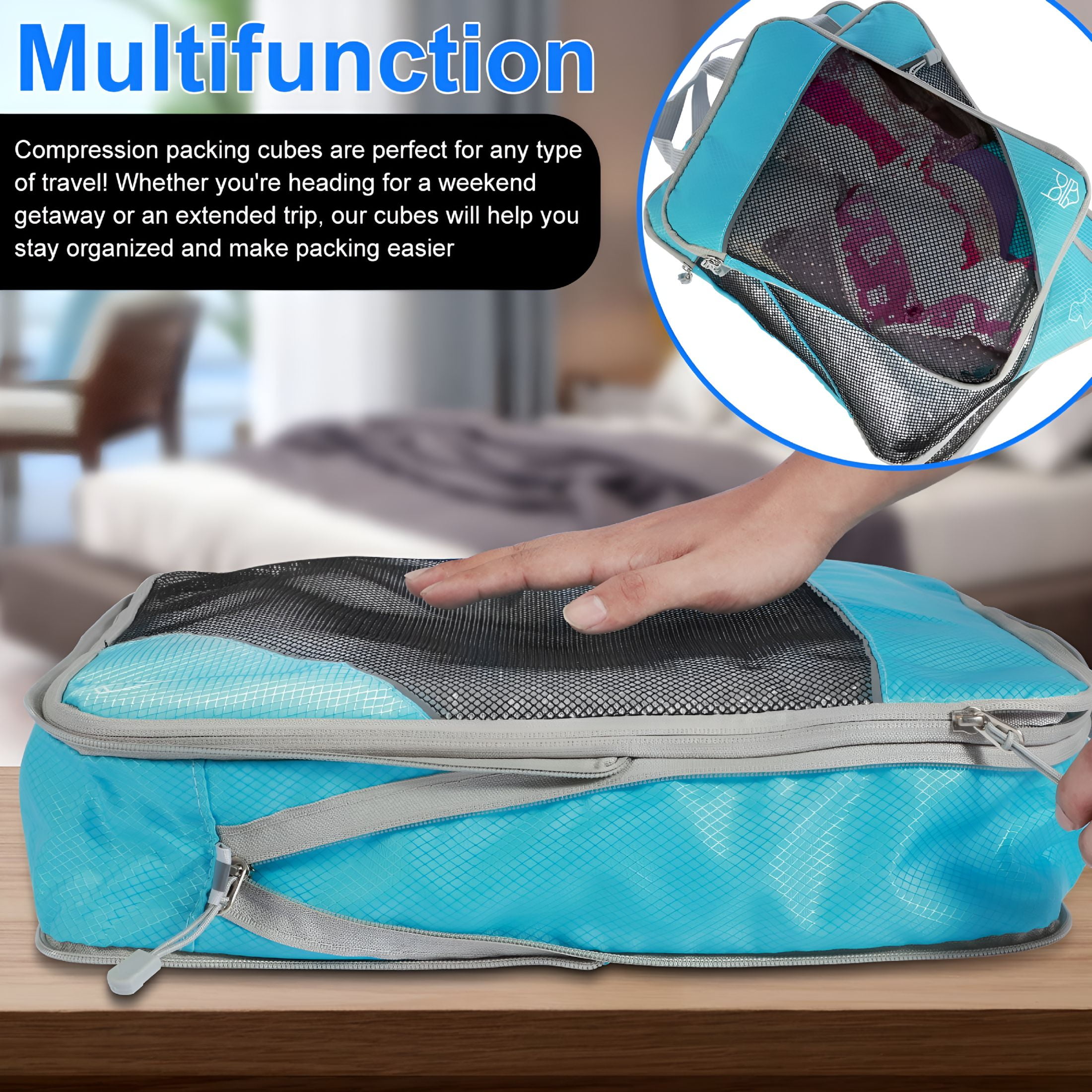 XIBUFE 2026 New 5Pcs Compression Packing Cubes Lightweight Durable Travel Packing Cubes with Storage Bag Nylon Luggage Suitcase Organizer Bags Space Saving Packing Cubes for Travel Suitcase