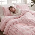 thumbnail image 2 of Plush Pink Striped Duvet Cover Set Queen Size, Ultra Soft Plush Bedding Set, Soft Vintage Romantic Triple Stripe Design, Cozy Feminine Cottage 3-Piece Set, 2 of 9